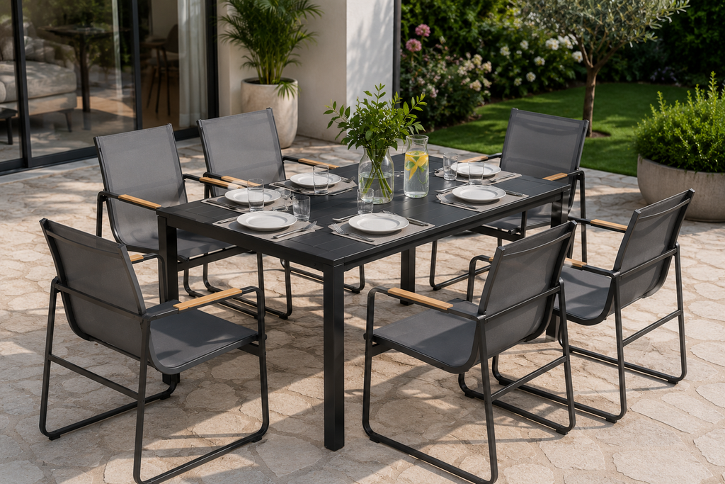 Salon de Jardin 7 Pièces  – Table & 6 Chaises Respirantes