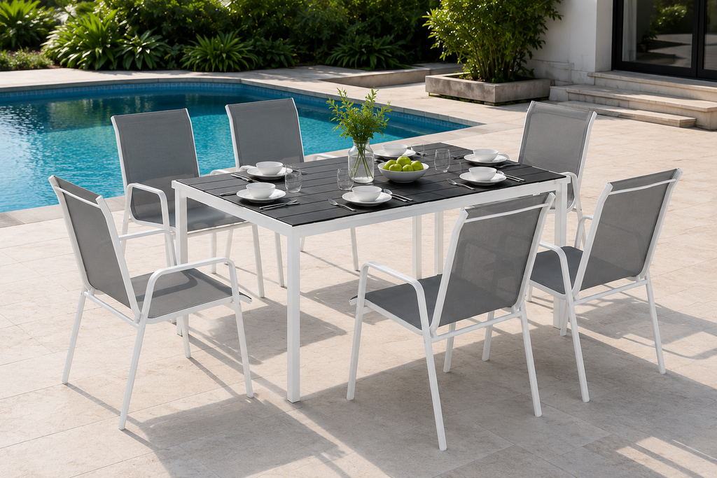 Salon de Jardin 7 Pièces avec Table en Verre Trempé et 6 Chaises Empilables