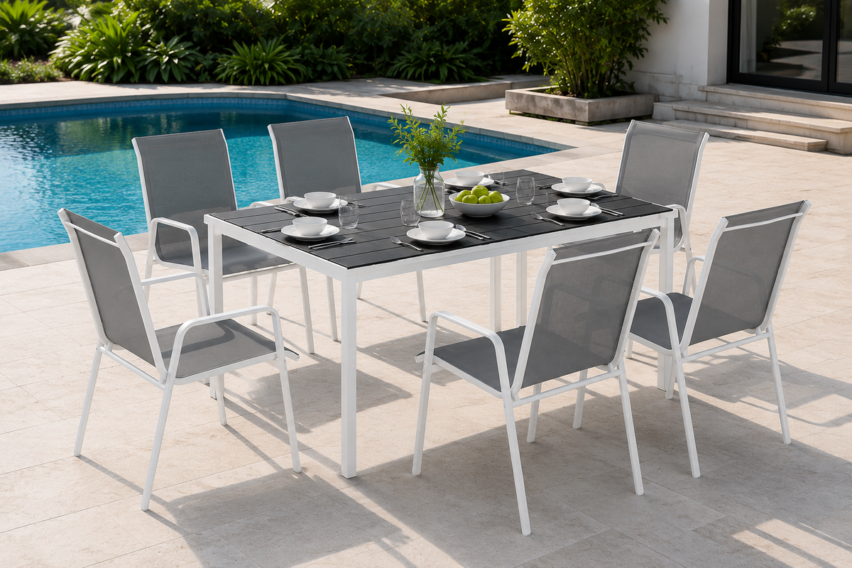 Salon de Jardin 7 Pièces avec Table en Verre Trempé et 6 Chaises Empilables