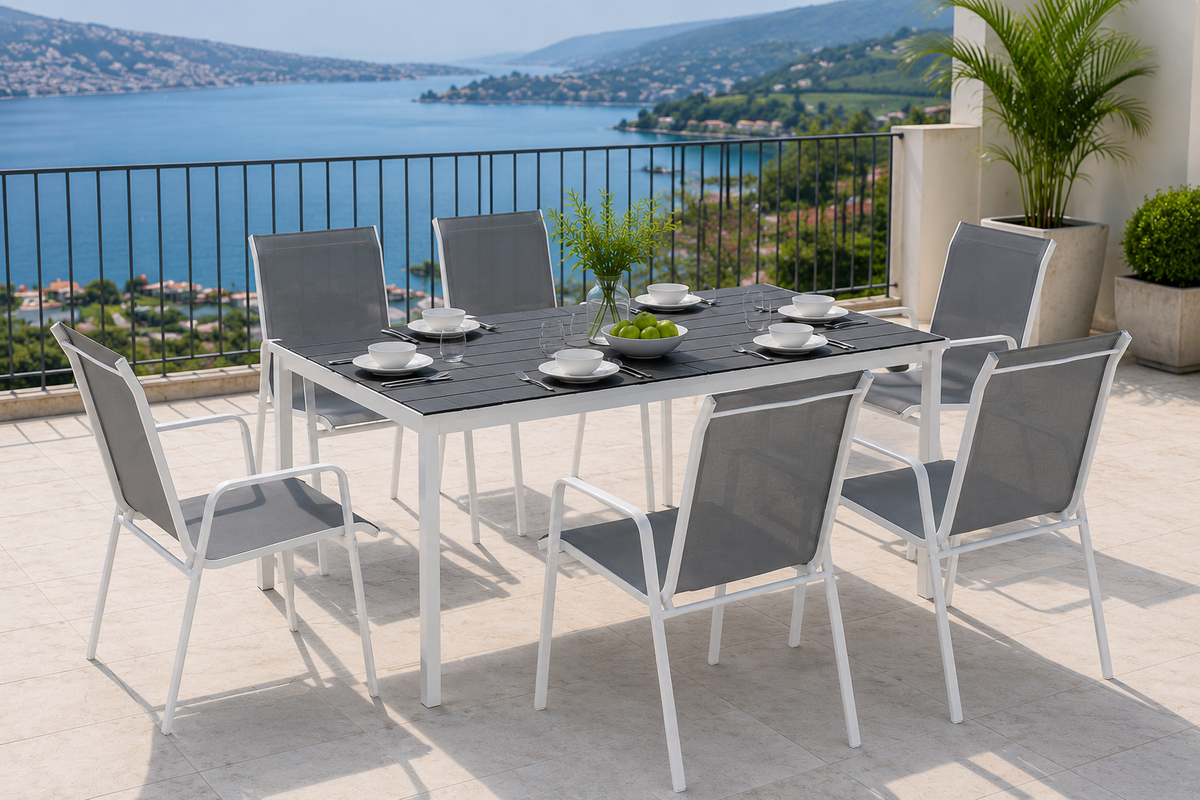 Salon de Jardin 7 Pièces avec Table en Verre Trempé et 6 Chaises Empilables