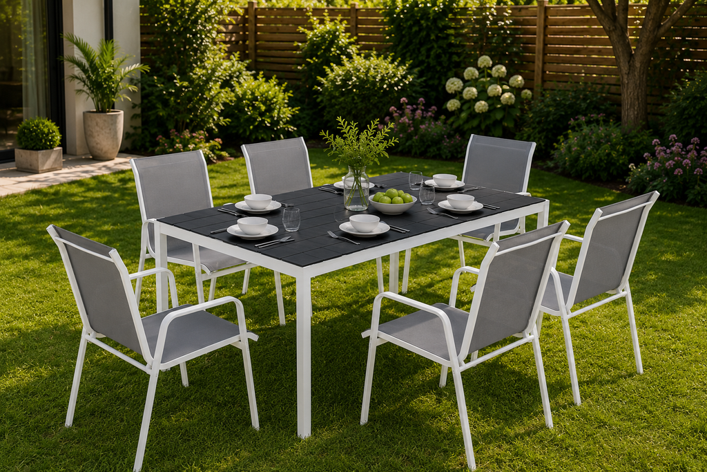 Salon de Jardin 7 Pièces avec Table en Verre Trempé et 6 Chaises Empilables