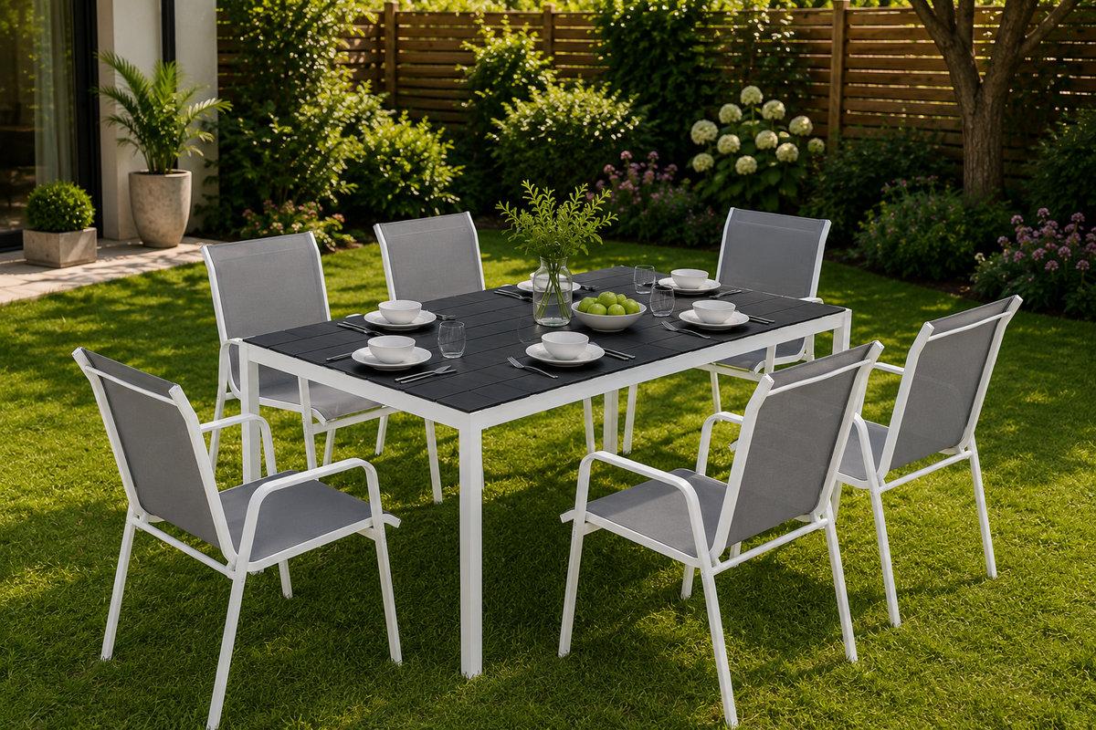 Salon de Jardin 7 Pièces avec Table en Verre Trempé et 6 Chaises Empilables