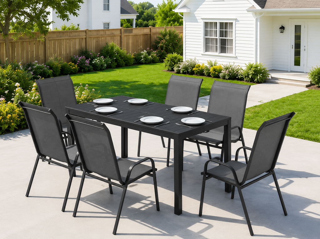 Salon de jardin 7 pièces Outsunny — table effet bois + 6 chaises empilables