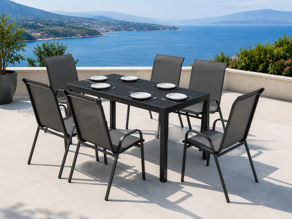 Salon de jardin 7 pièces Outsunny — table effet bois + 6 chaises empilables