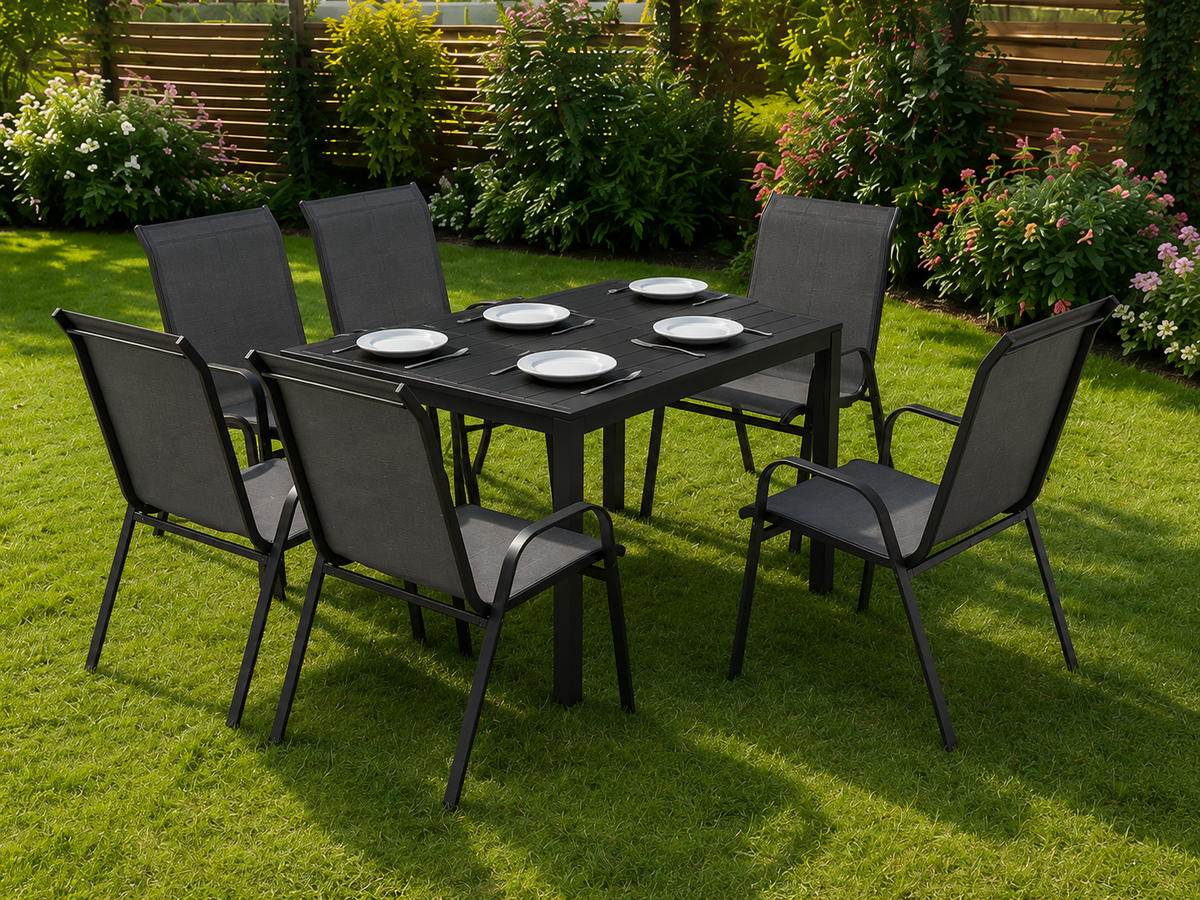 Salon de jardin 7 pièces Outsunny — table effet bois + 6 chaises empilables