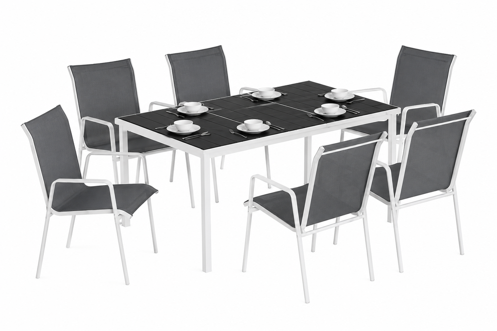 Salon de Jardin 7 Pièces avec Table en Verre Trempé et 6 Chaises Empilables